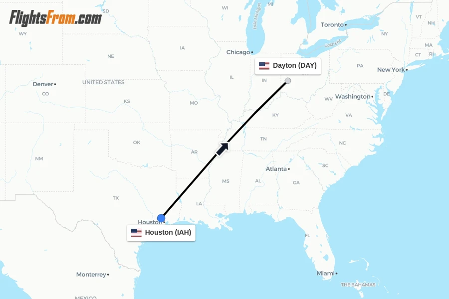 Flights from Houston to Dayton route map