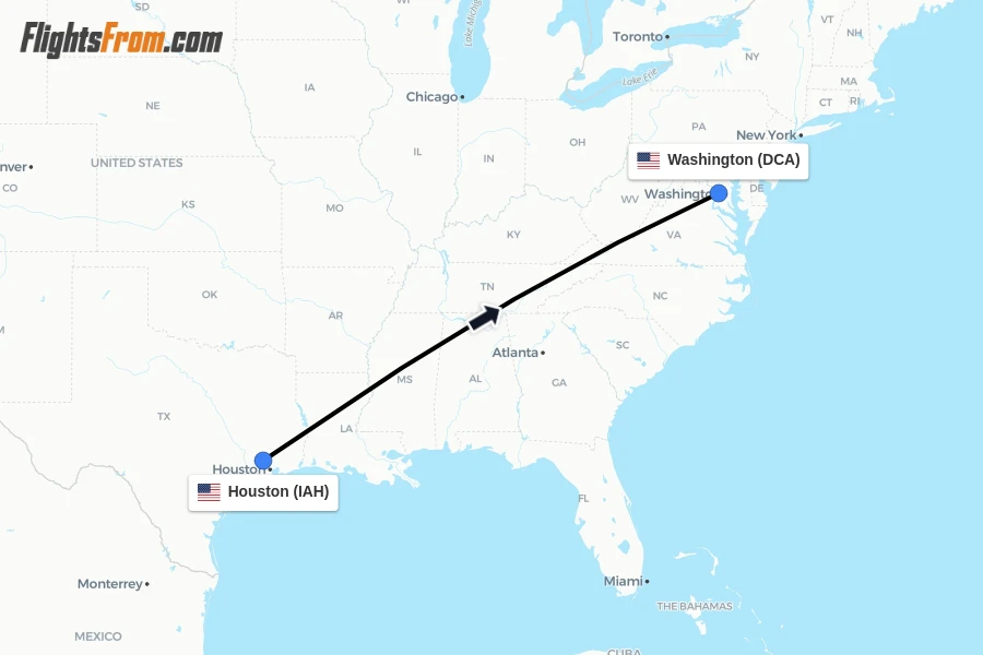 Flights from Houston to Washington route map