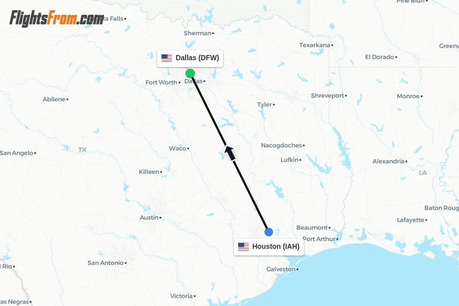 Flights from Houston to Dallas route map