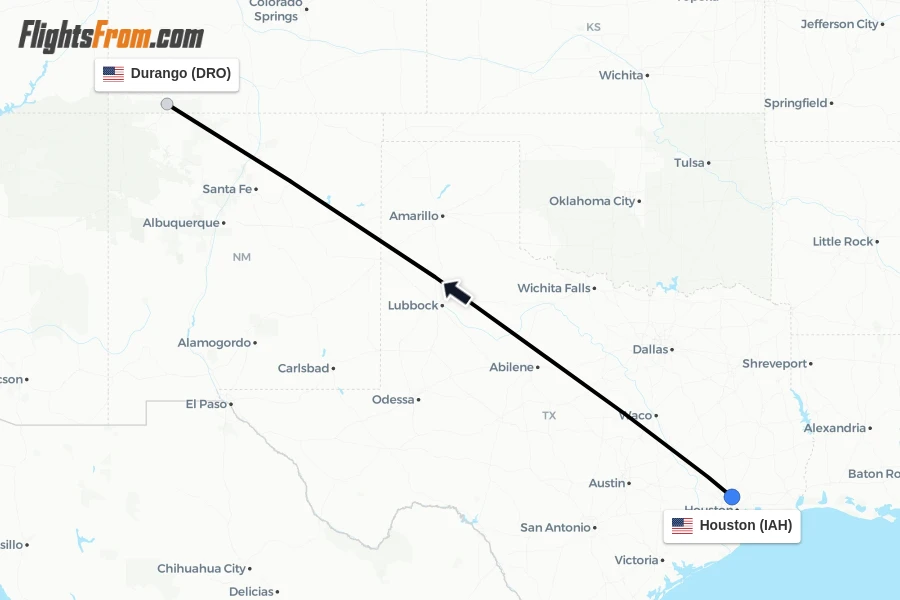 Flights from Houston to Durango route map