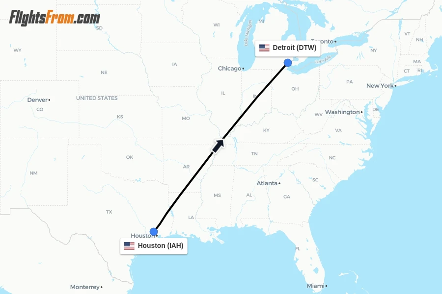 Flights from Houston to Detroit route map