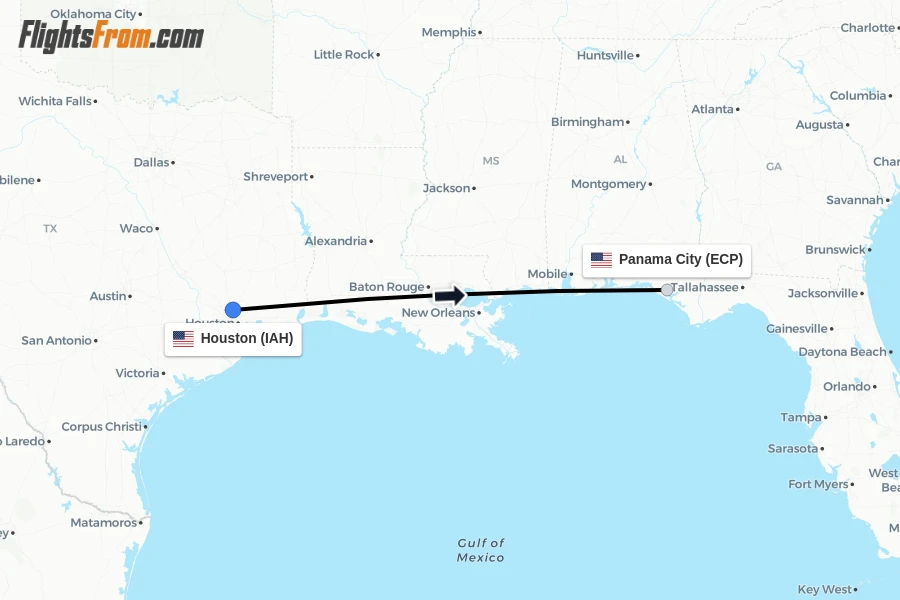 Flights from Houston to Panama City route map