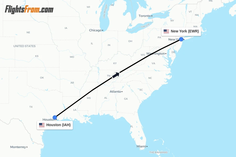 Flights from Houston to New York route map