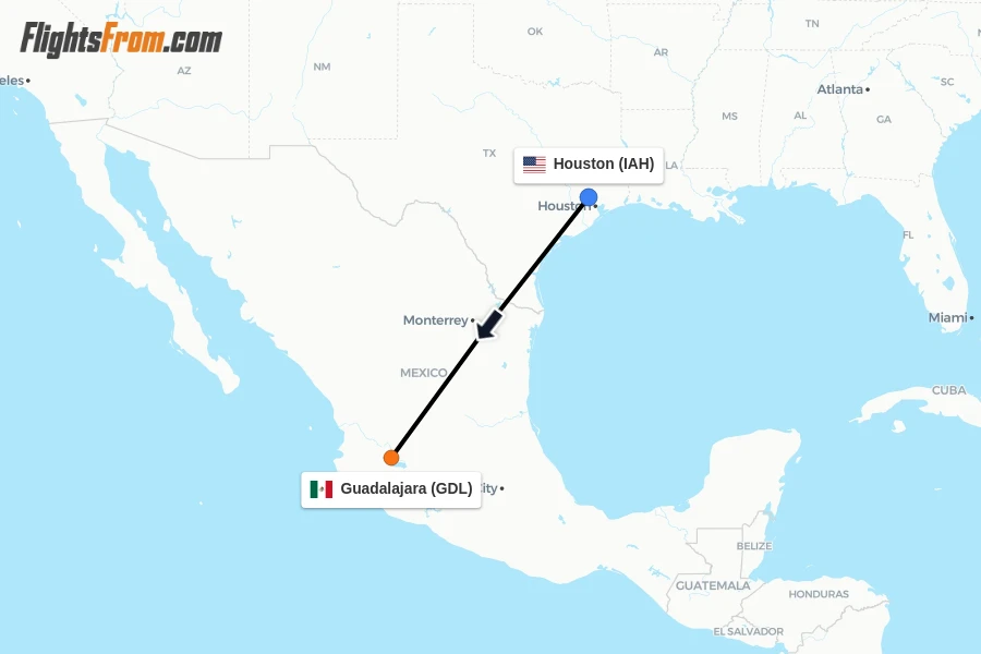 Flights from Houston to Guadalajara route map