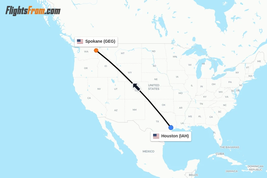 Flights from Houston to Spokane route map