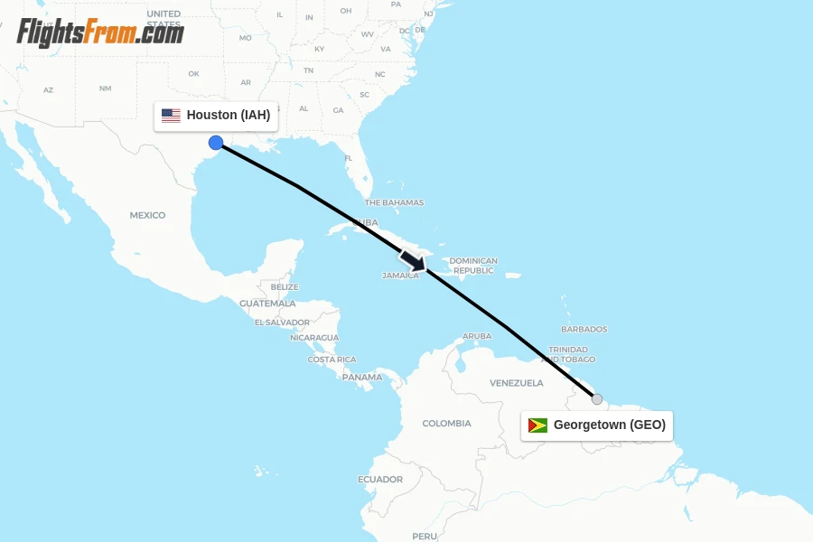Flights from Houston to Georgetown route map