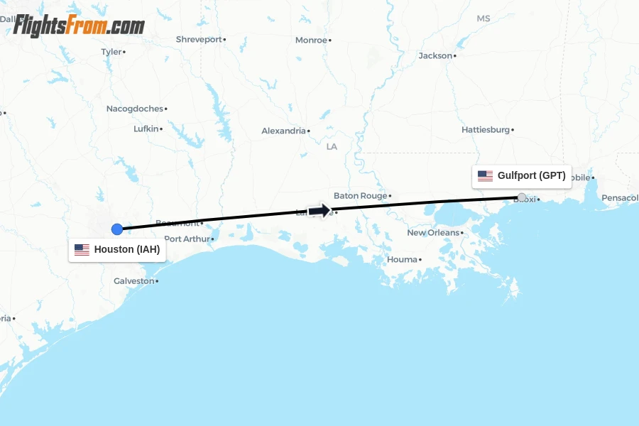 Flights from Houston to Gulfport route map