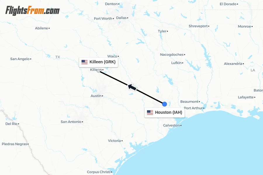 Flights from Houston to Killeen route map