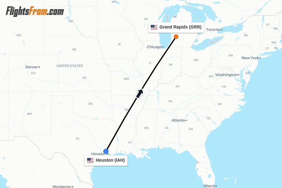 Flights from Houston to Grand Rapids route map