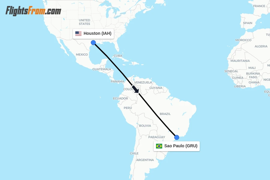Flights from Houston to Sao Paulo route map