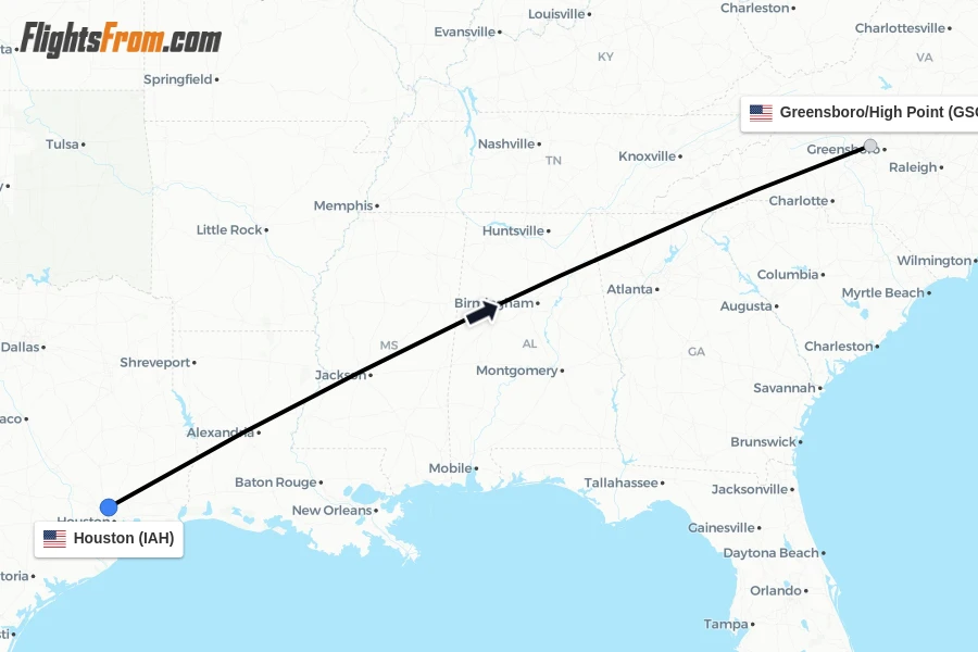 Flights from Houston to Greensboro/High Point route map