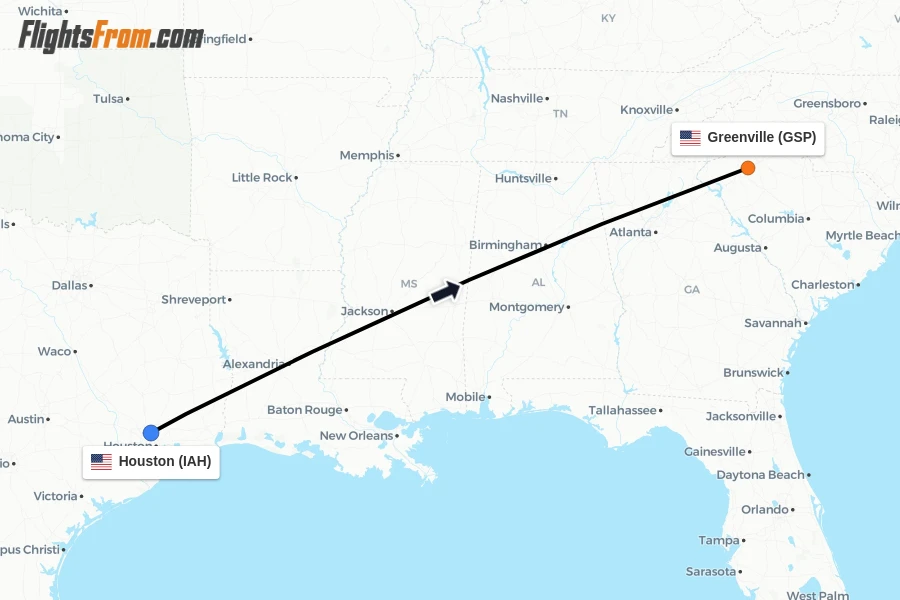 Flights from Houston to Greenville route map