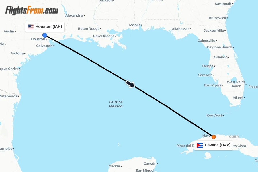 Flights from Houston to Havana route map