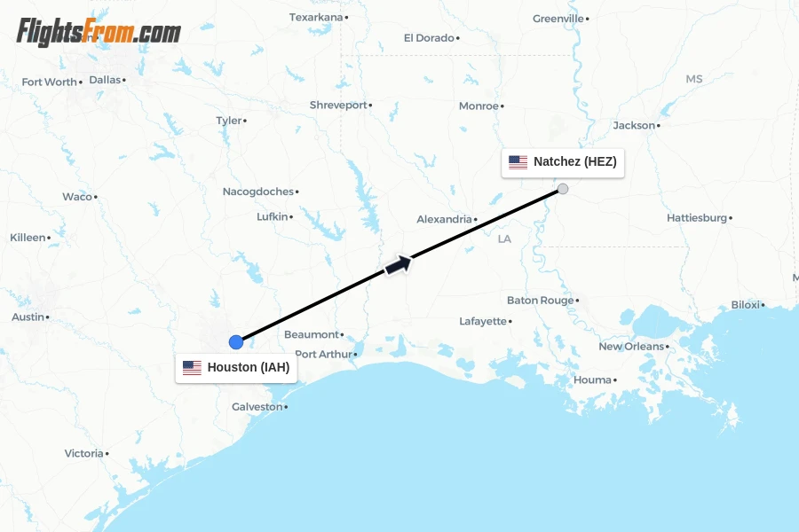 Flights from Houston to Natchez route map