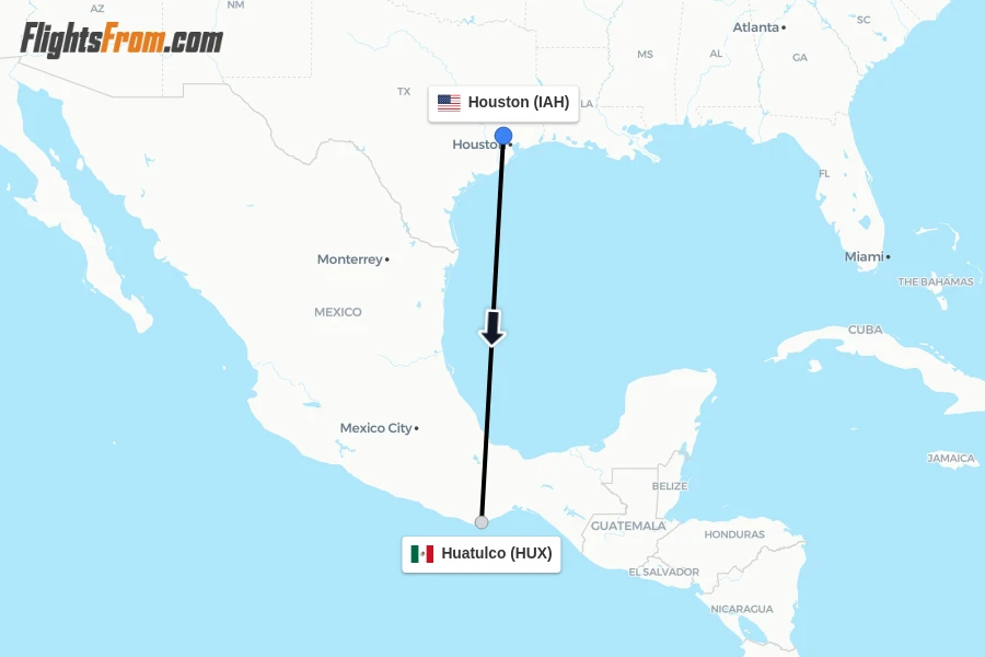 Flights from Houston to Huatulco route map