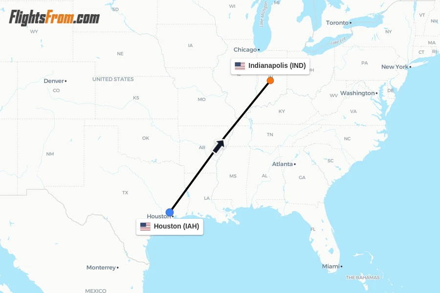 Flights from Houston to Indianapolis route map