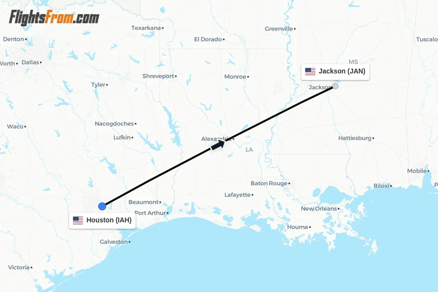 Flights from Houston to Jackson route map