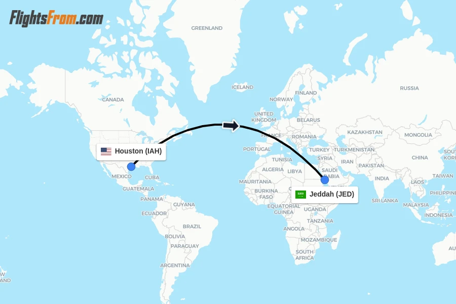 Flights from Houston to Jeddah route map