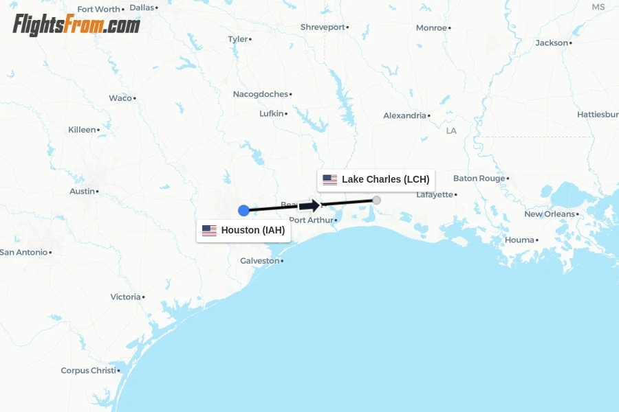 Flights from Houston to Lake Charles route map