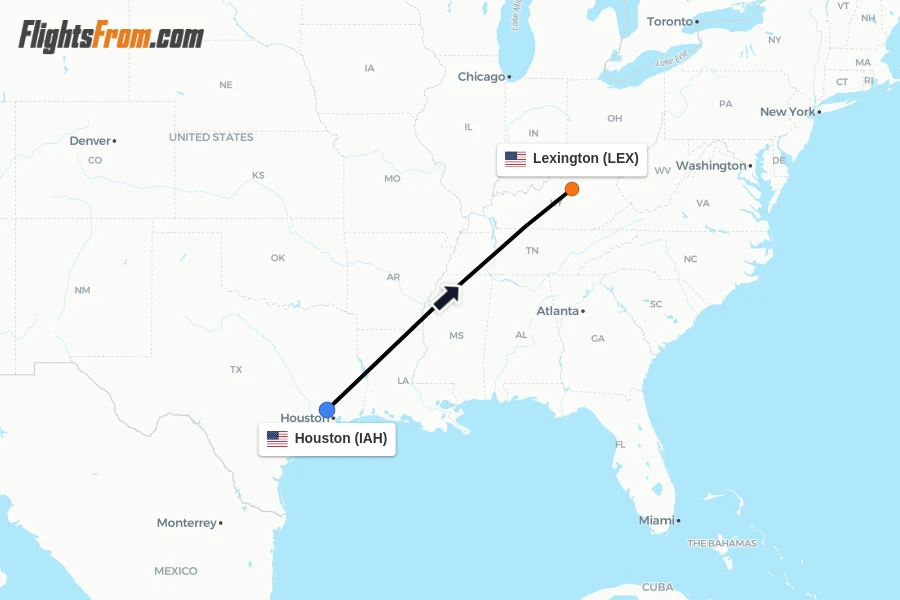 Flights from Houston to Lexington route map