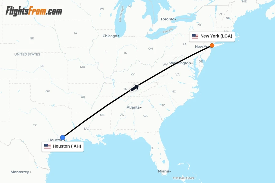 Flights from Houston to New York route map