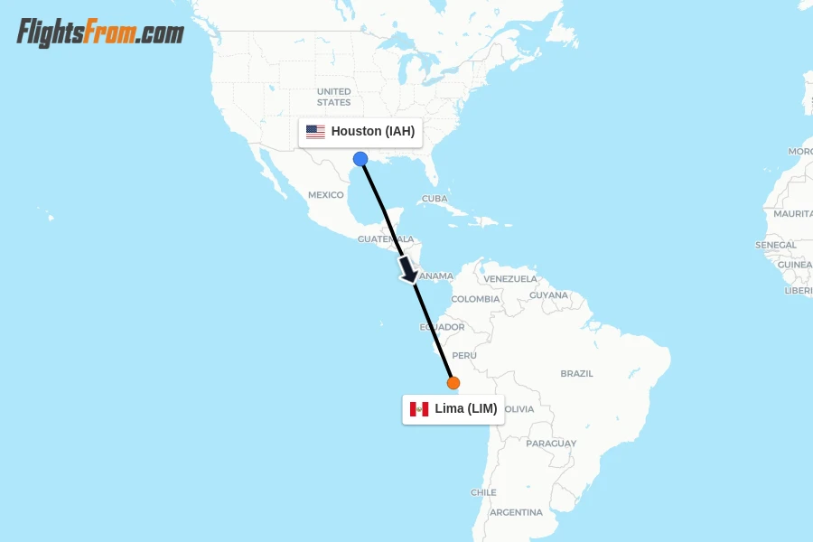 Flights from Houston to Lima route map