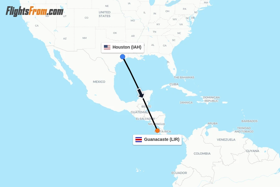 Flights from Houston to Guanacaste route map