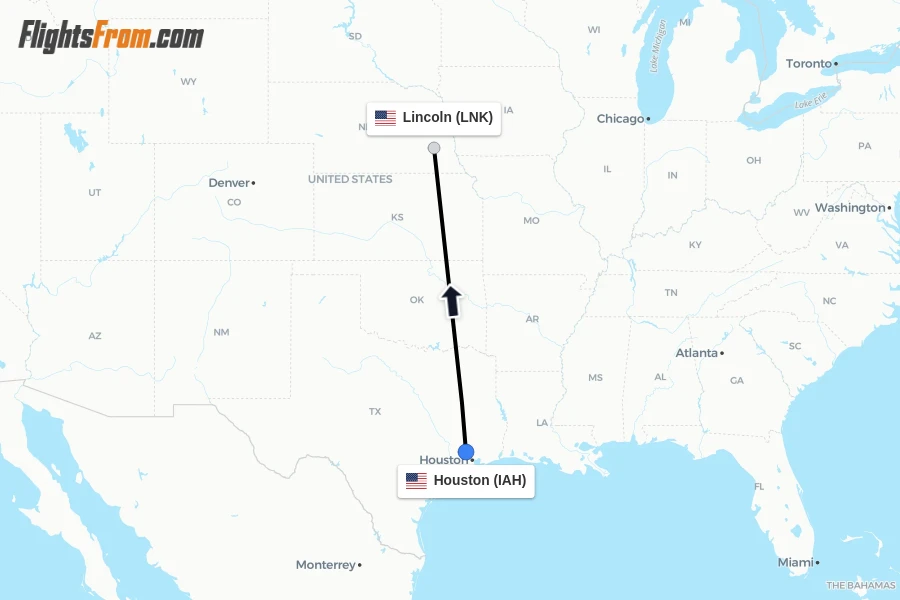Flights from Houston to Lincoln route map