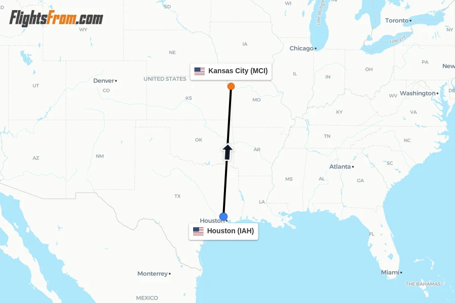 Flights from Houston to Kansas City route map