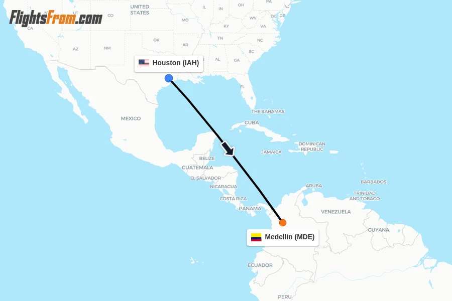 Flights from Houston to Medellin route map