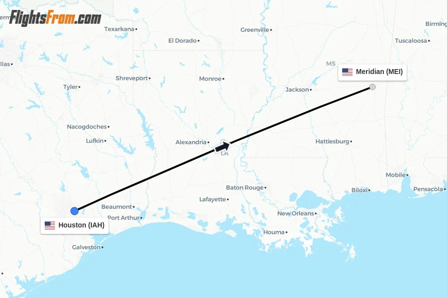 Flights from Houston to Meridian route map