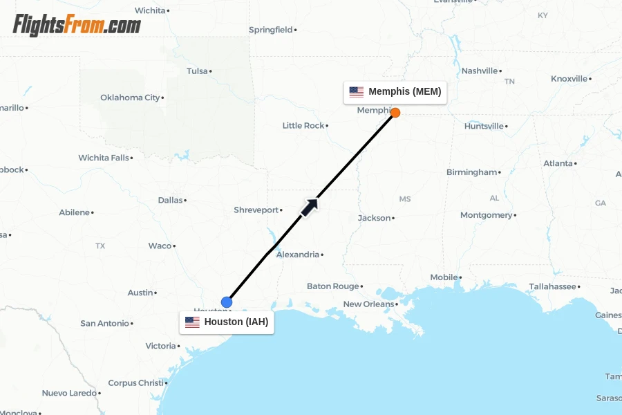 Flights from Houston to Memphis route map
