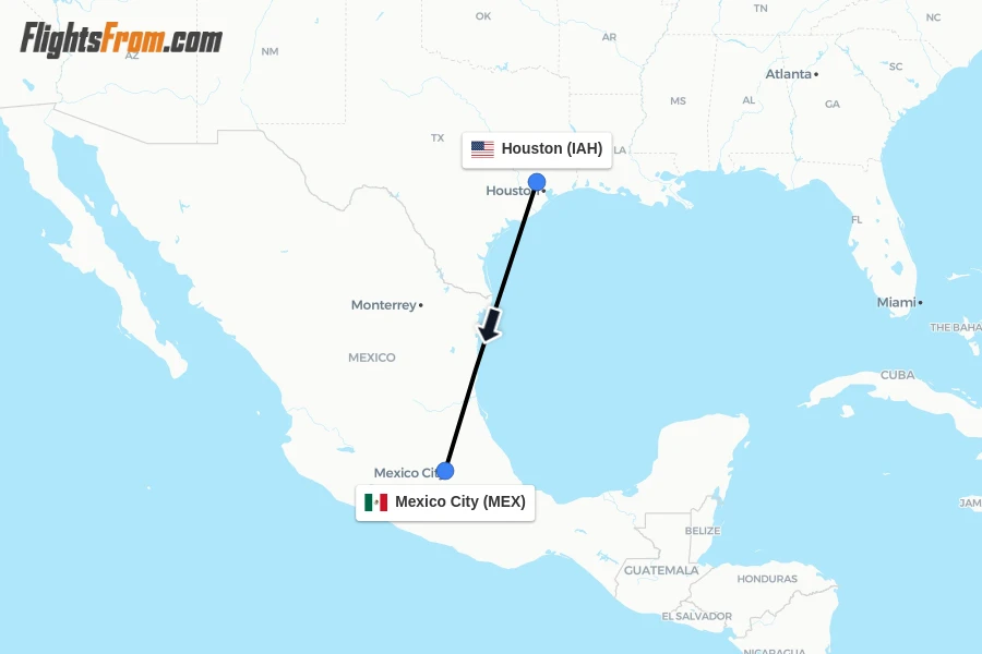 Flights from Houston to Mexico City route map