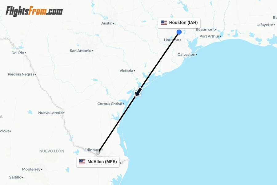 Flights from Houston to McAllen route map