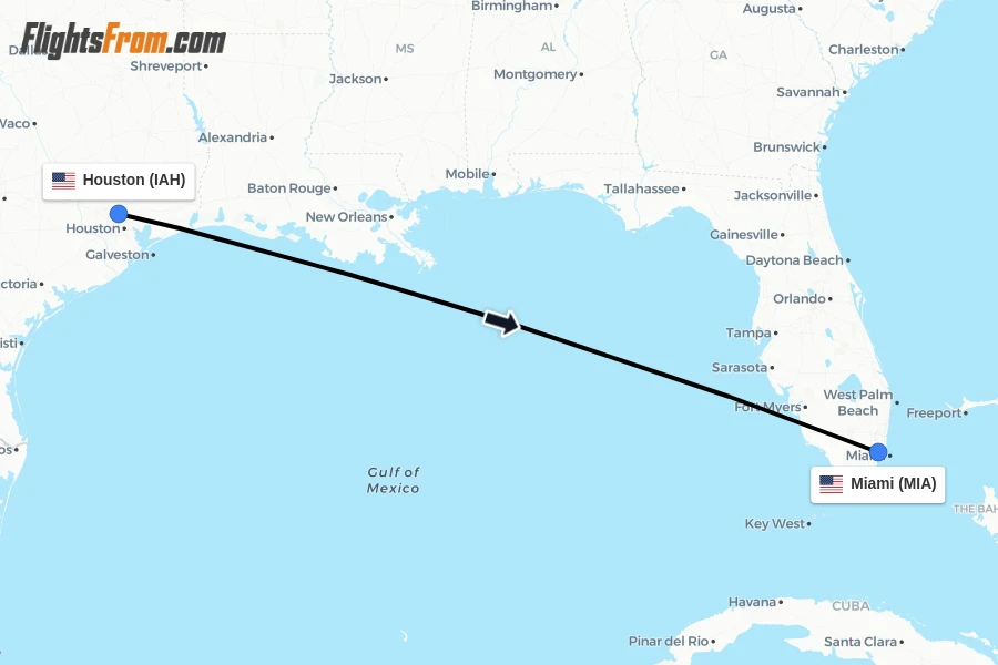 Flights from Houston to Miami route map