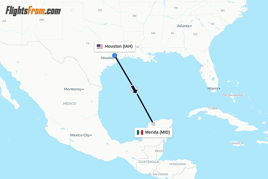 Flights from Houston to Merida route map