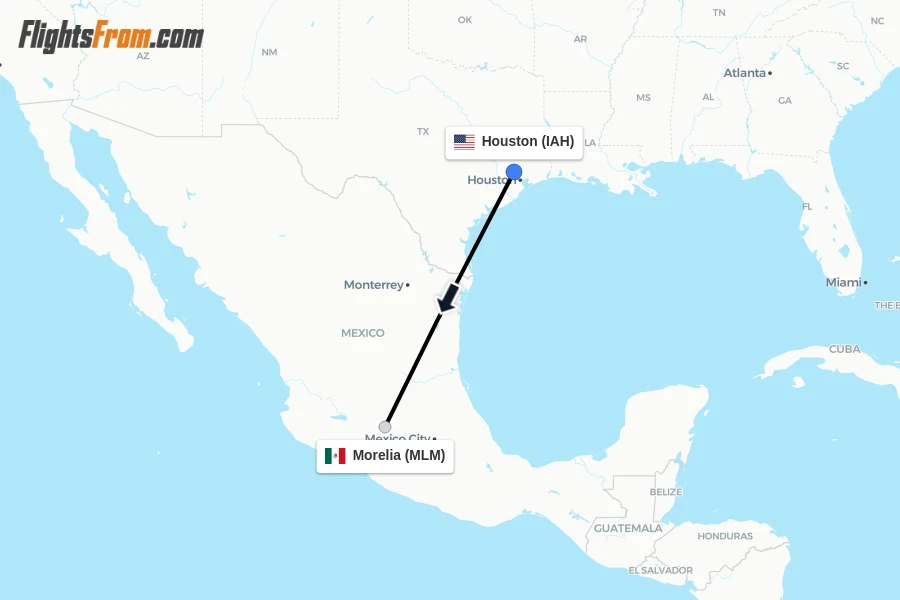 Flights from Houston to Morelia route map