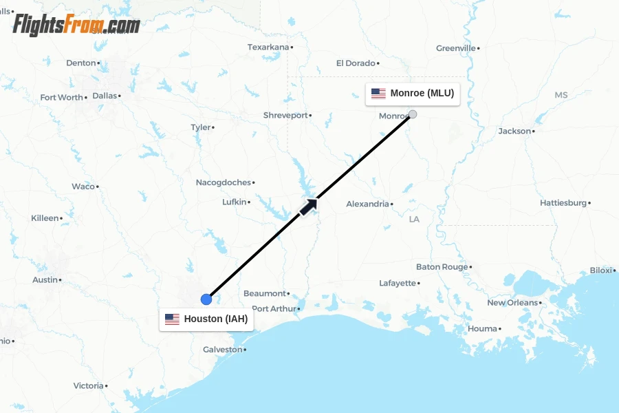 Flights from Houston to Monroe route map