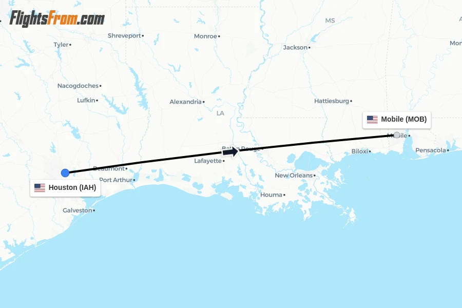 Flights from Houston to Mobile route map