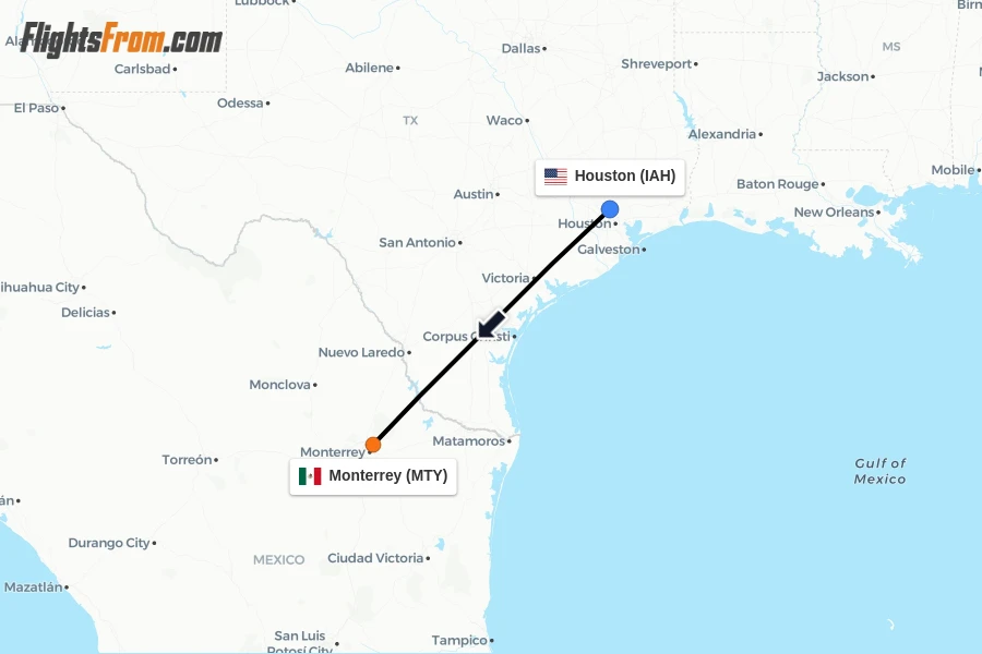 Flights from Houston to Monterrey route map