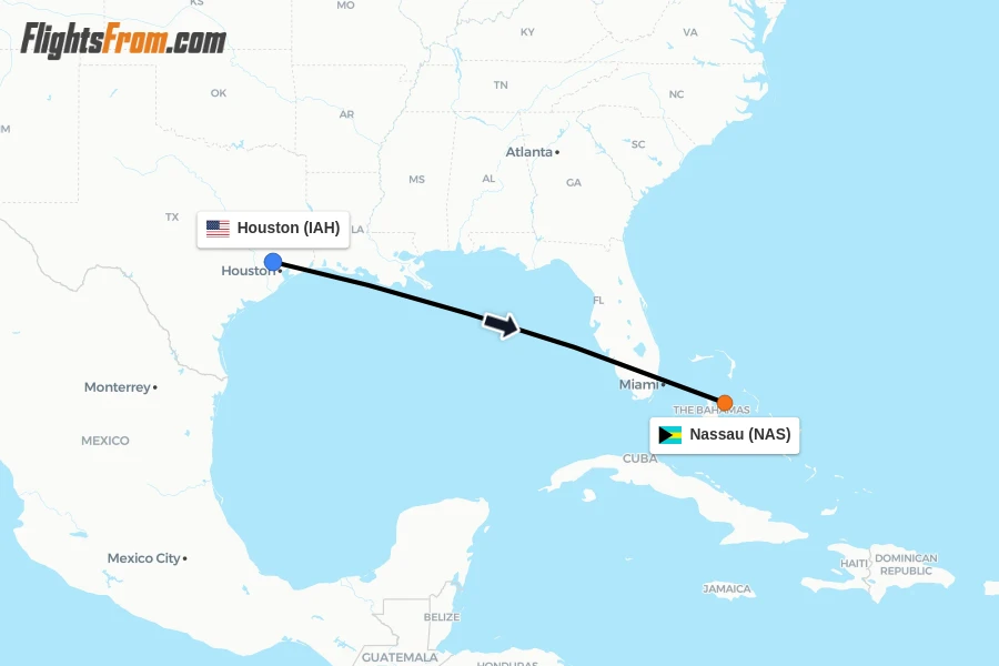 Flights from Houston to Nassau route map