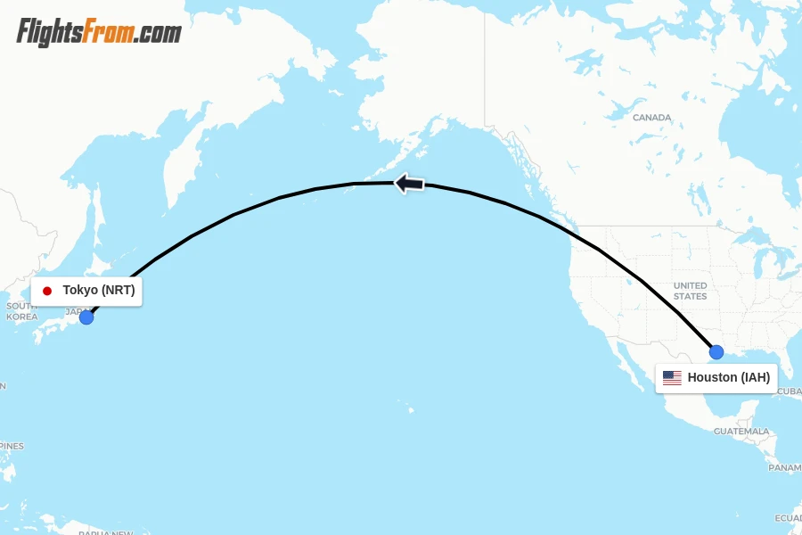 Flights from Houston to Tokyo route map