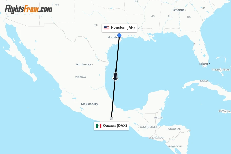 Flights from Houston to Oaxaca route map