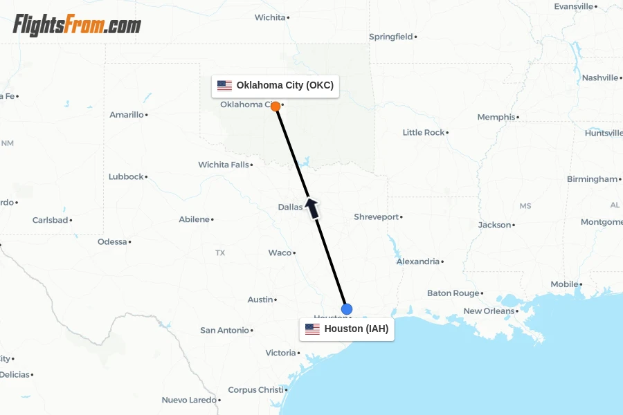 Flights from Houston to Oklahoma City route map