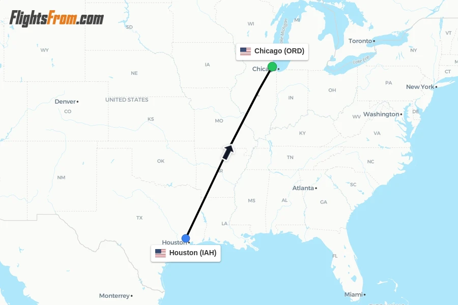 Flights from Houston to Chicago route map