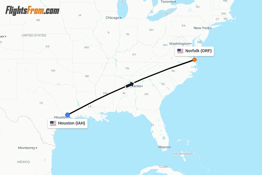 Flights from Houston to Norfolk route map