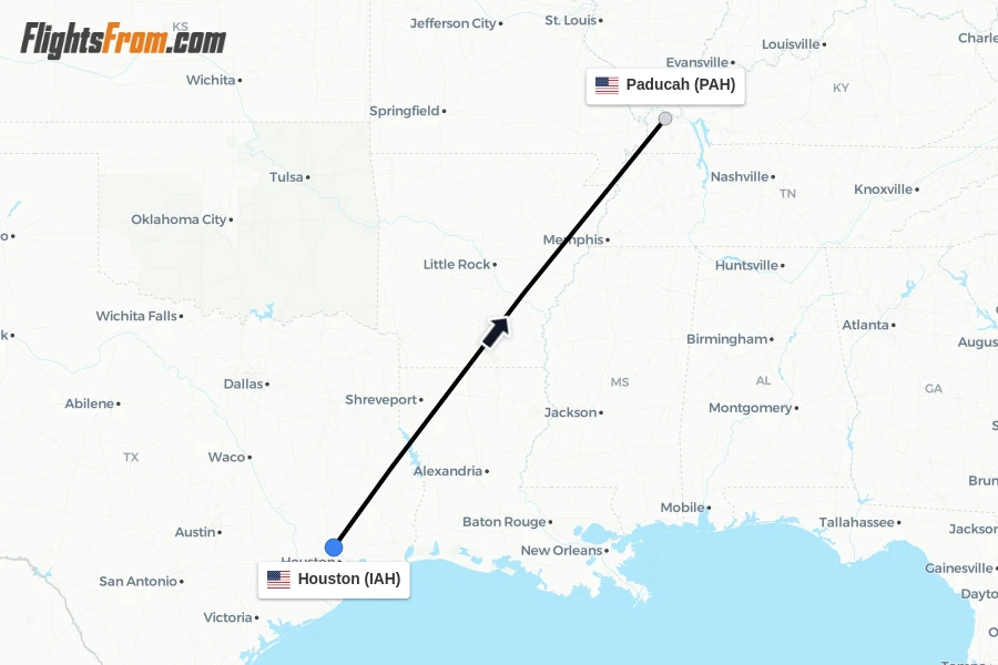 Flights from Houston to Paducah route map