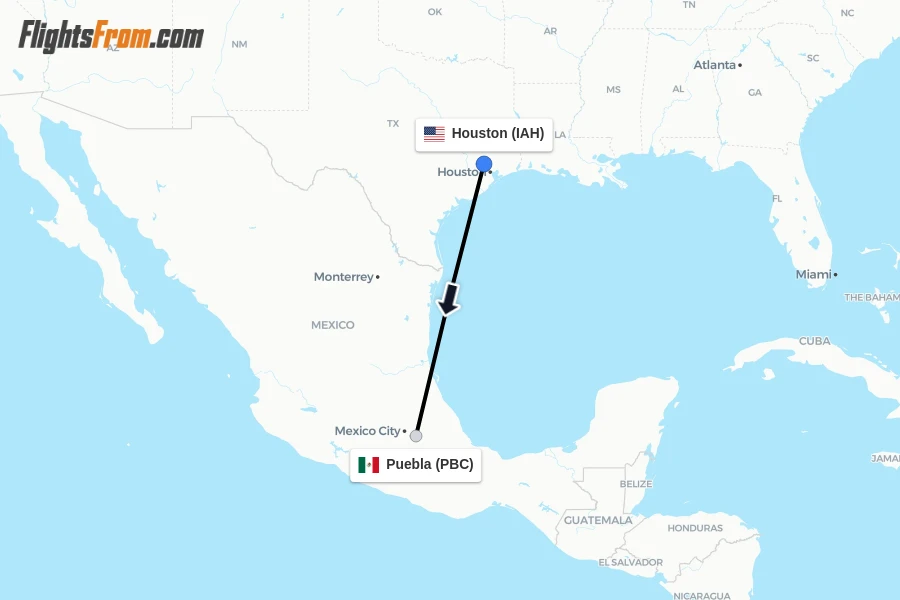 Flights from Houston to Puebla route map