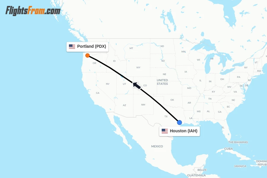 Flights from Houston to Portland route map