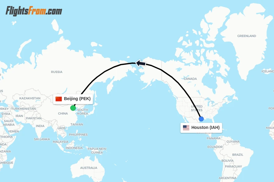 Flights from Houston to Beijing route map